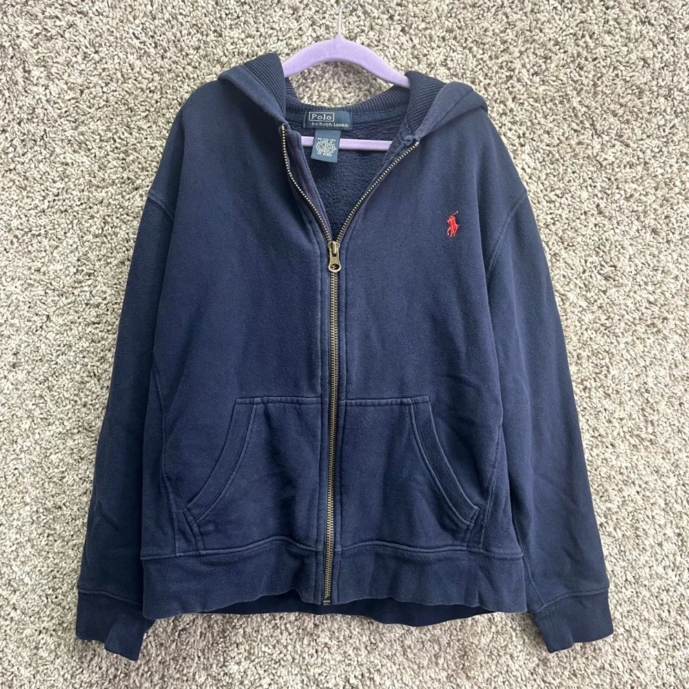 Polo Ralph Lauren Jacket Boys M (10-12) Navy Blue Full Zip Up Hooded Sweatshirt